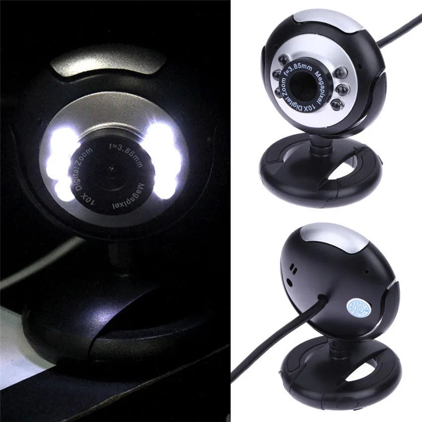 USB computer webcam with a ring of six white LED lights around the lens.