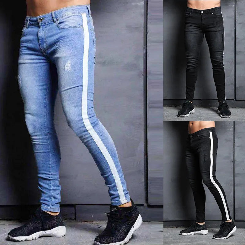 Men's Wish jeans with frayed knee holes, tight pencil fit, mid-waist, black colour