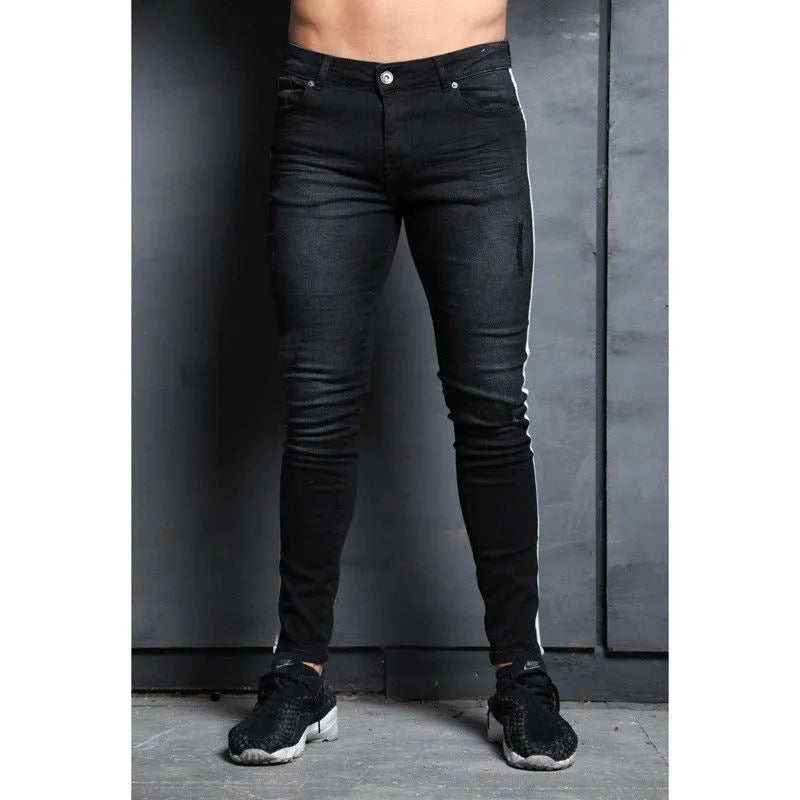 Men's Wish jeans with frayed knee holes, tight pencil fit, mid-waist, black colour