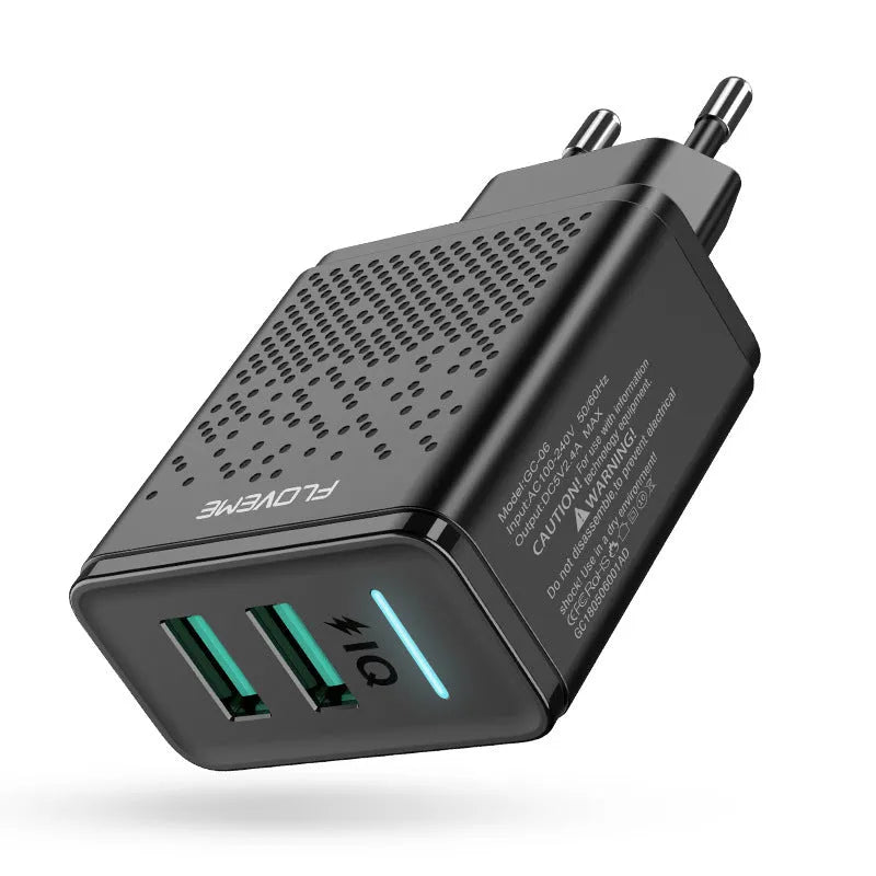 Dual port USB charger with EU standard plug in black or white colour