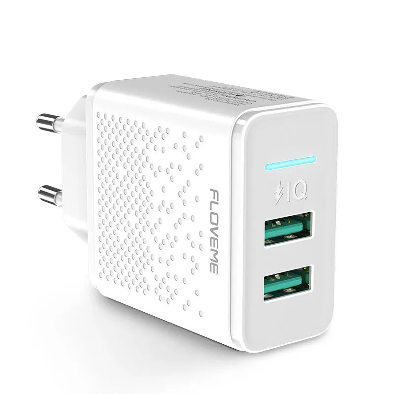 Dual port USB charger with EU standard plug in black or white colour