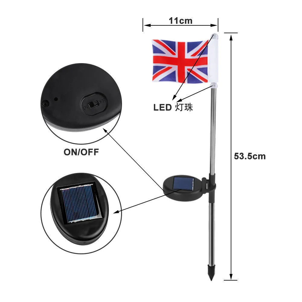 Solar garden flag light with stainless steel pole showing American flag design illuminated by white LEDs