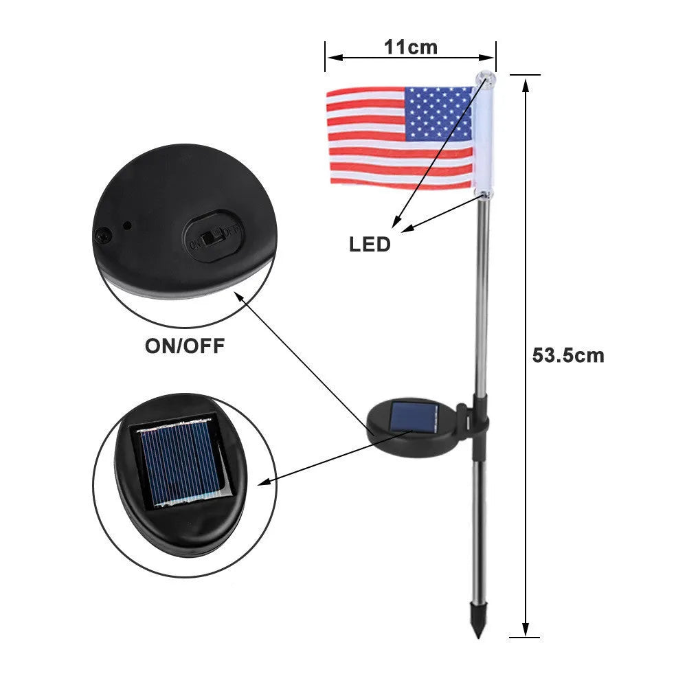 Solar garden flag light with stainless steel pole showing American flag design illuminated by white LEDs