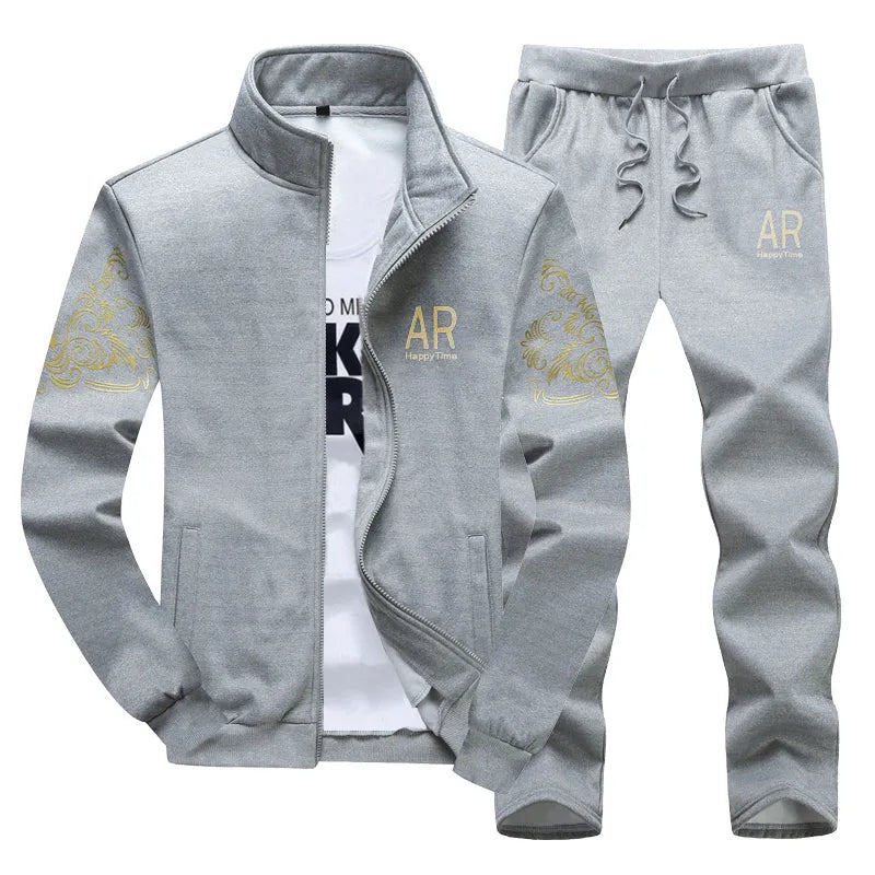 Casual men's cotton cardigan two-piece suit in grey with stand-up collar and zipper placket