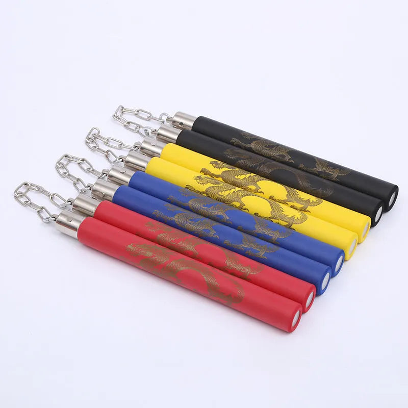 Red foam nunchaku with sponge padding for martial arts training and safe play.