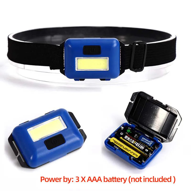 Compact black Outdoor Mini COB LED Headlight on a polyester head strap.