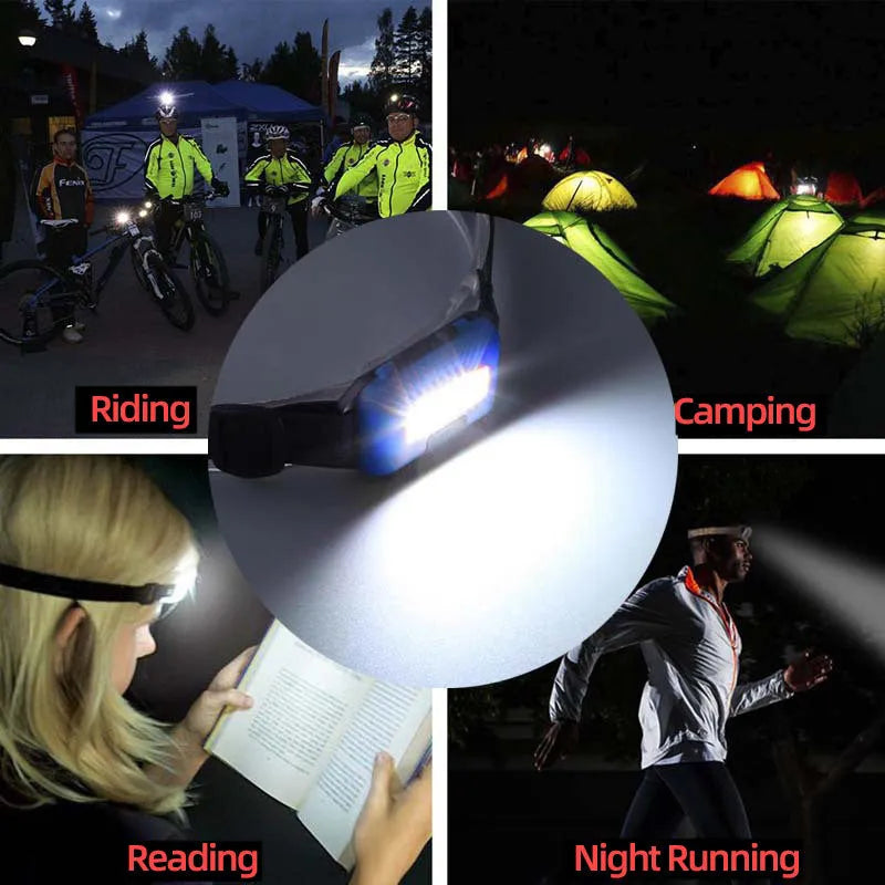 Compact black Outdoor Mini COB LED Headlight on a polyester head strap.