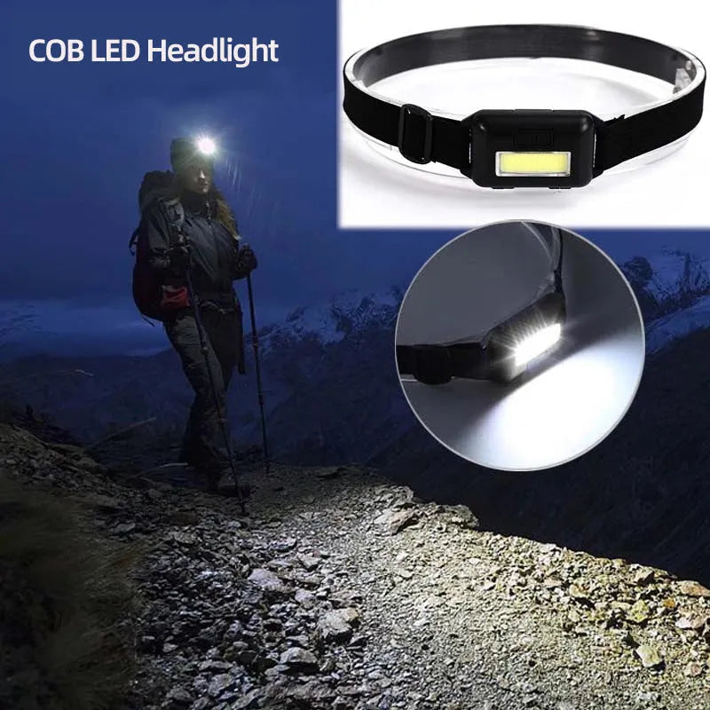 Compact black Outdoor Mini COB LED Headlight on a polyester head strap.