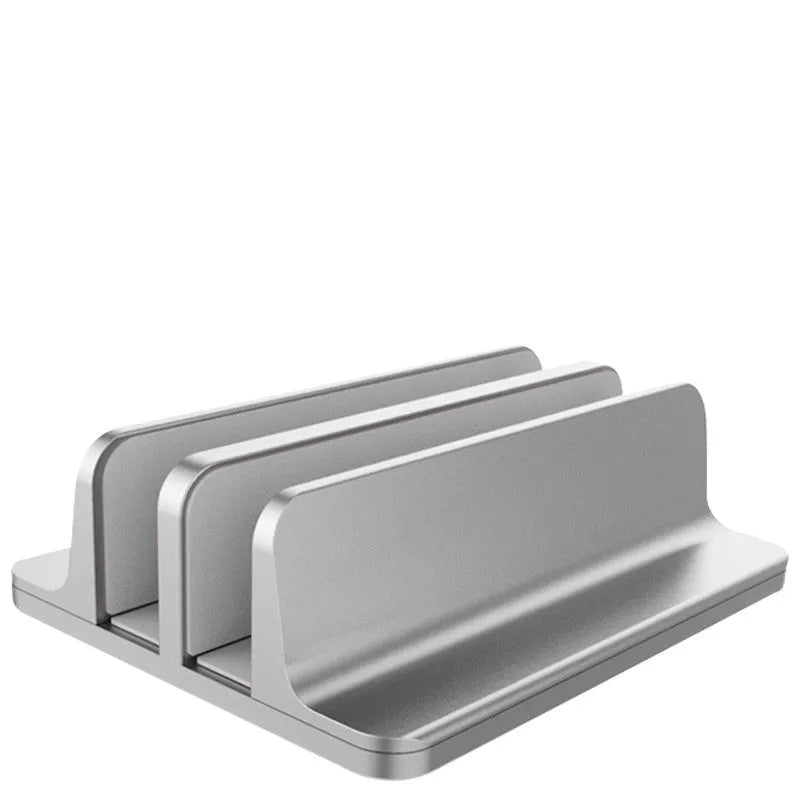Aluminium alloy vertical notebook stand for MacBook with upright storage and heat dissipation, silver finish, single opening slot