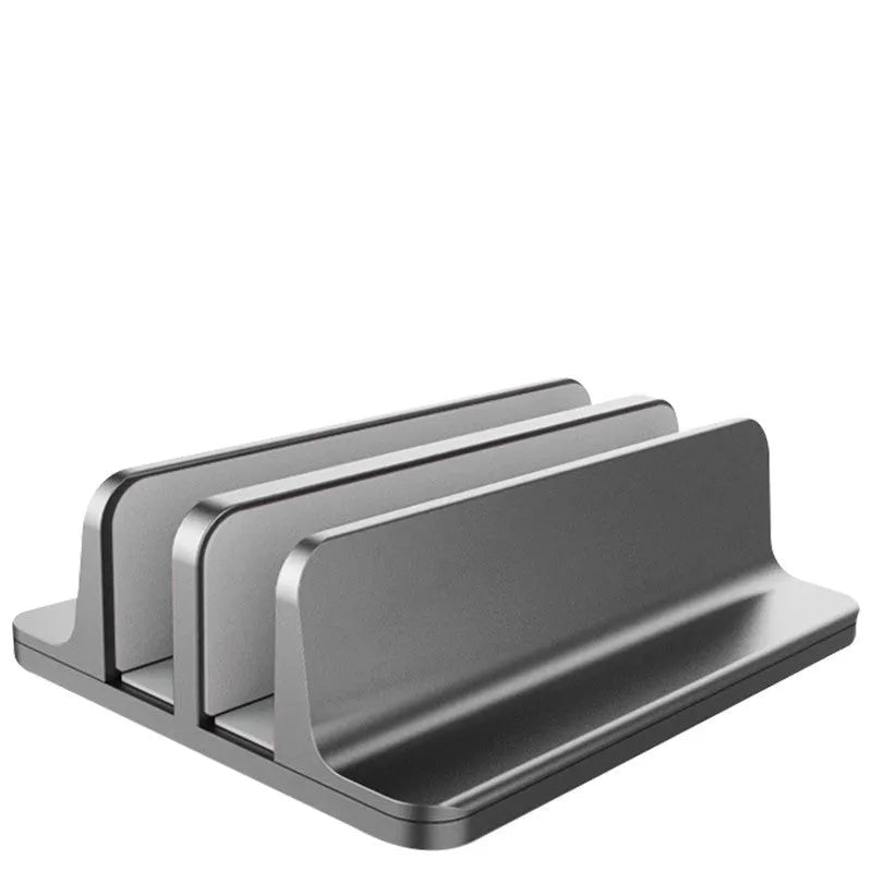 Aluminium alloy vertical notebook stand for MacBook with upright storage and heat dissipation, silver finish, single opening slot