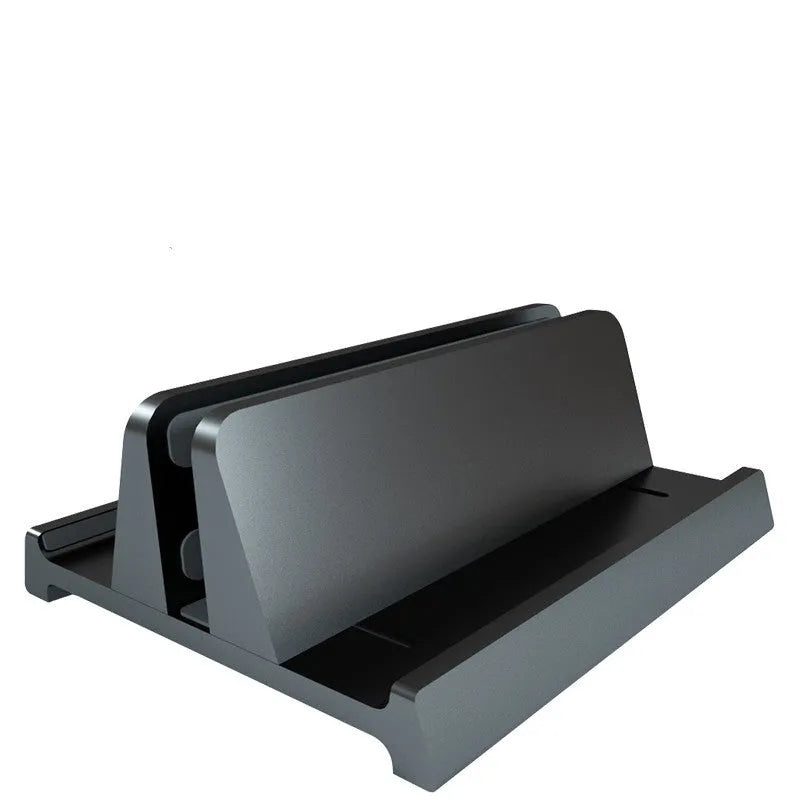 Aluminium alloy vertical notebook stand for MacBook with upright storage and heat dissipation, silver finish, single opening slot