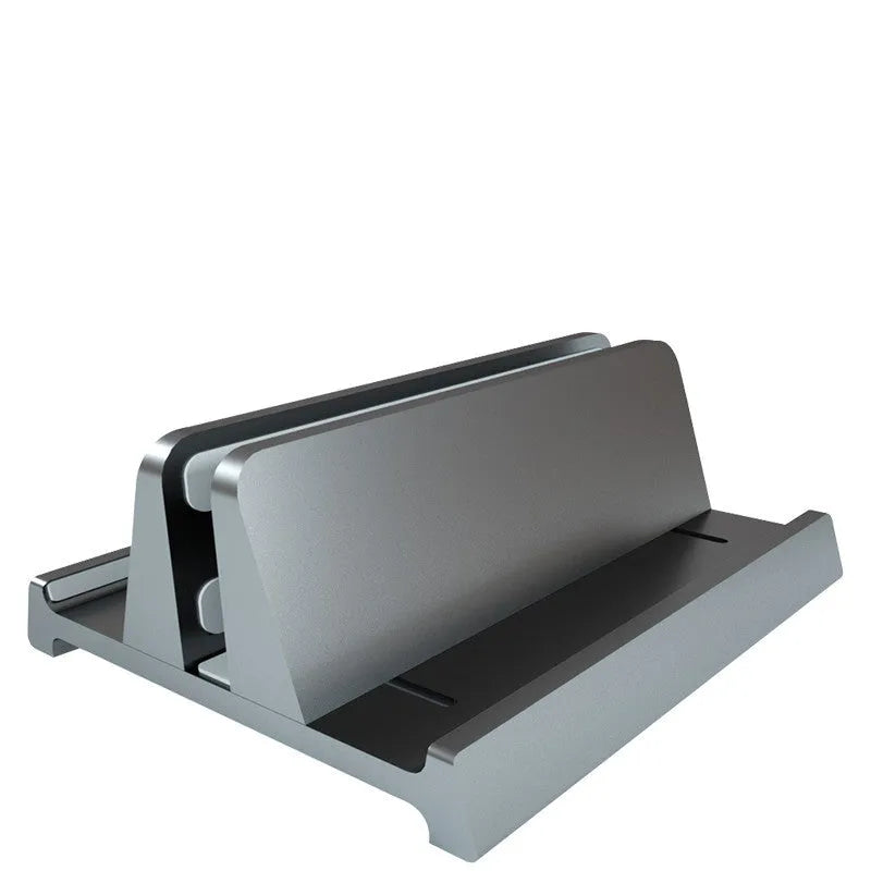 Aluminium alloy vertical notebook stand for MacBook with upright storage and heat dissipation, silver finish, single opening slot
