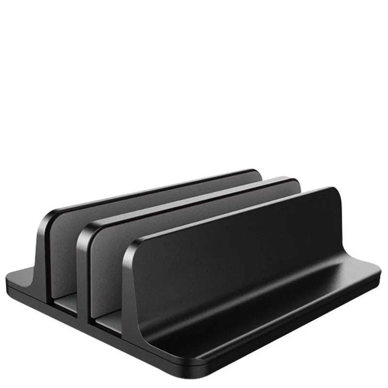 Aluminium alloy vertical notebook stand for MacBook with upright storage and heat dissipation, silver finish, single opening slot