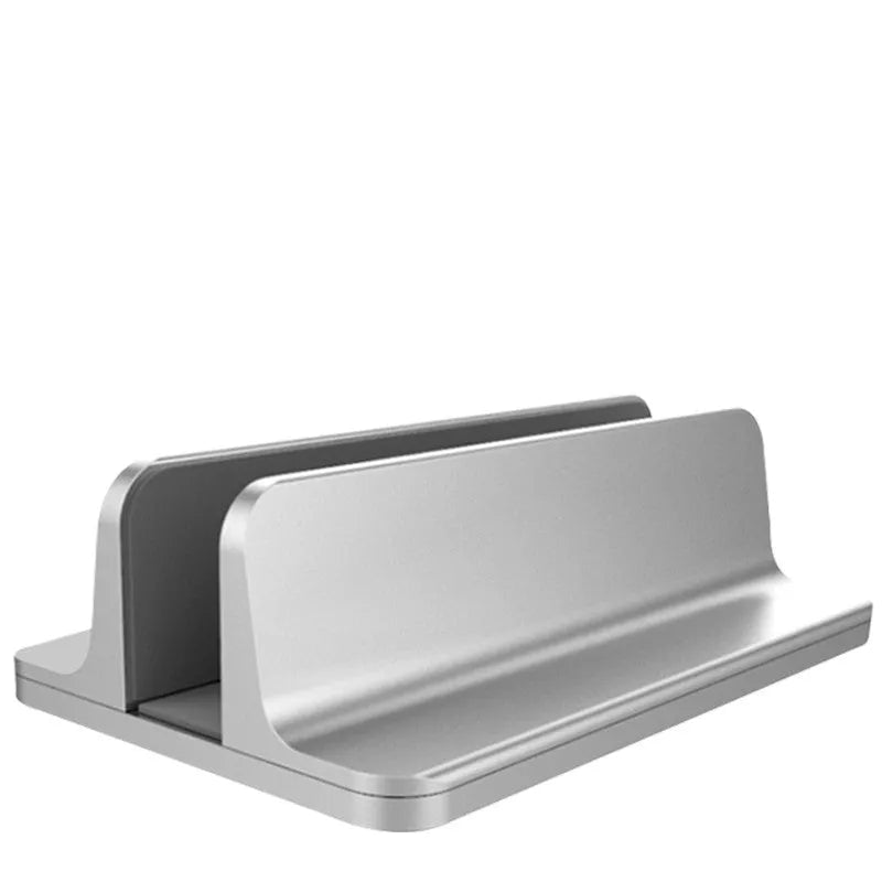 Aluminium alloy vertical notebook stand for MacBook with upright storage and heat dissipation, silver finish, single opening slot