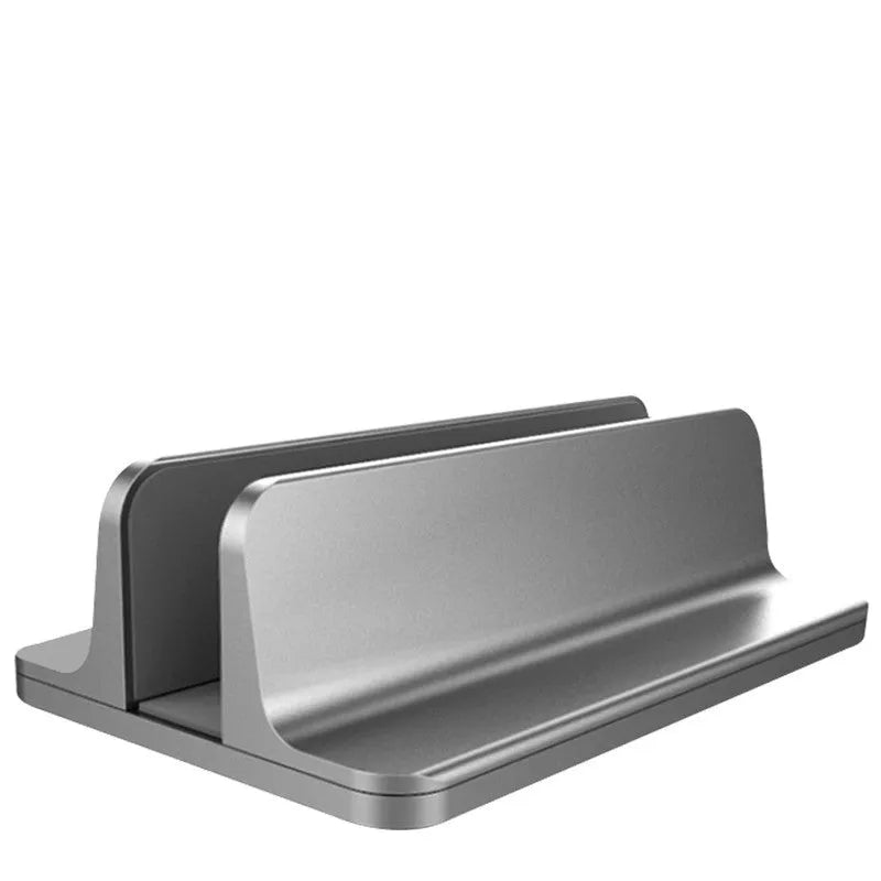 Aluminium alloy vertical notebook stand for MacBook with upright storage and heat dissipation, silver finish, single opening slot