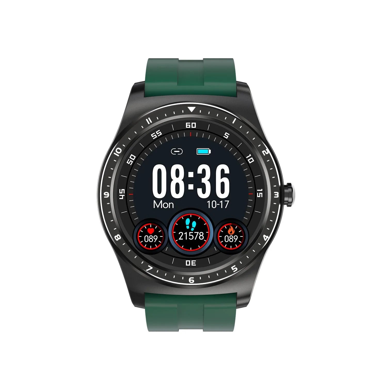 Full Circle smart watch with zinc alloy case and silicone strap showing heart rate and sleep monitoring features in black green and red
