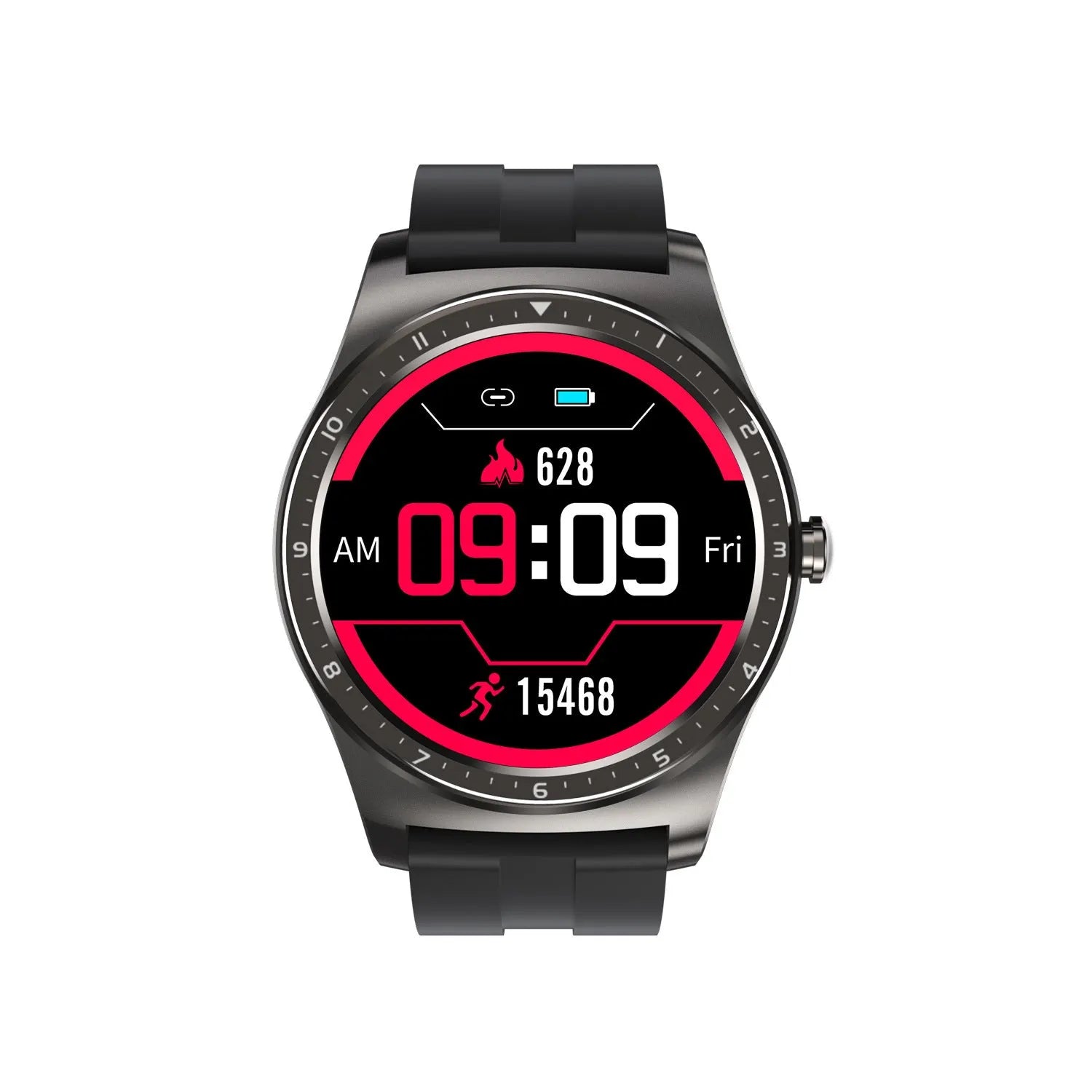 Full Circle smart watch with zinc alloy case and silicone strap showing heart rate and sleep monitoring features in black green and red