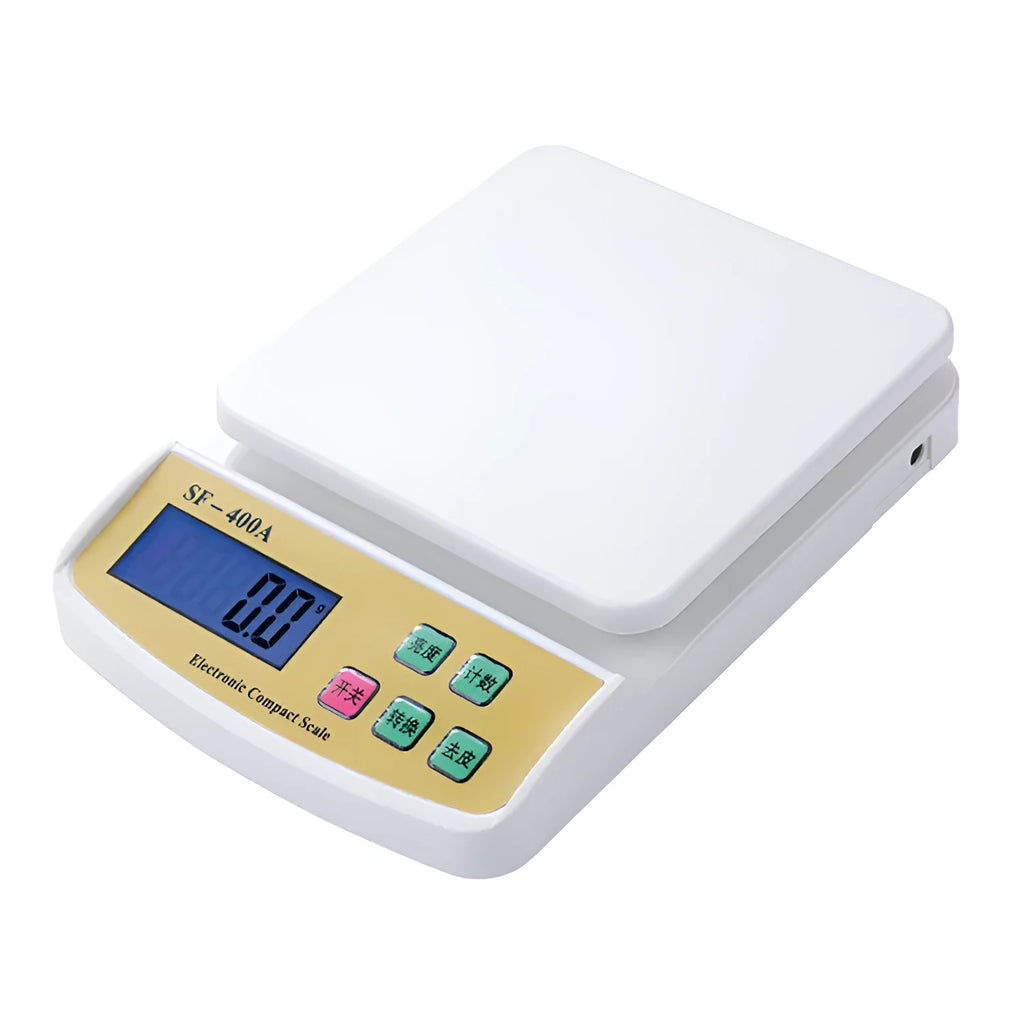 SF-400A black electronic kitchen scale on a counter with a bowl, showing a digital display.