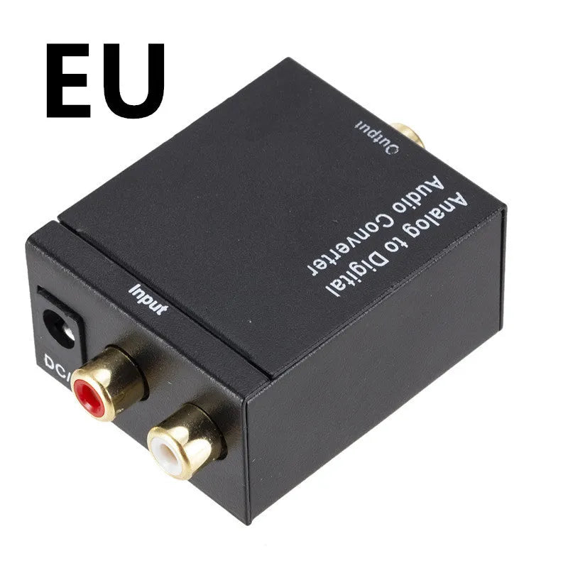 Black analog to digital audio converter with RCA-style jacks, coaxial input, 96 KHz support, EU and US models