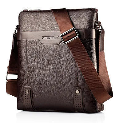 Men's medium black square shoulder bag made of PU leather with a zipper and single strap.