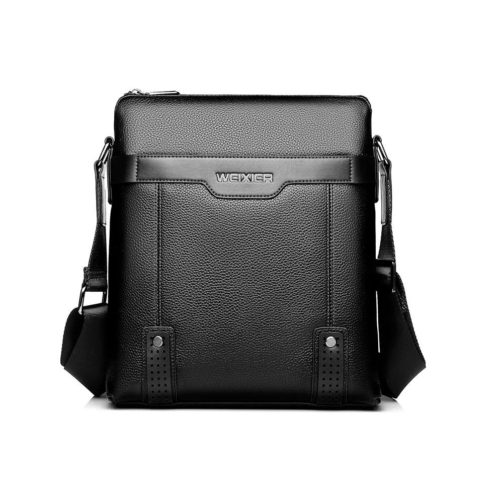 Men's medium black square shoulder bag made of PU leather with a zipper and single strap.