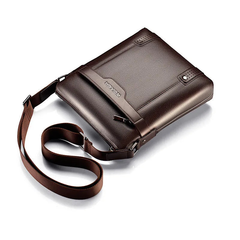Men's medium black square shoulder bag made of PU leather with a zipper and single strap.