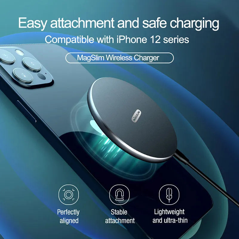 Black MagSlim NKT06 magnetic wireless phone charger on a flat surface.