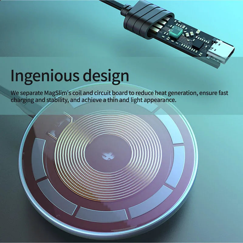 Black MagSlim NKT06 magnetic wireless phone charger on a flat surface.