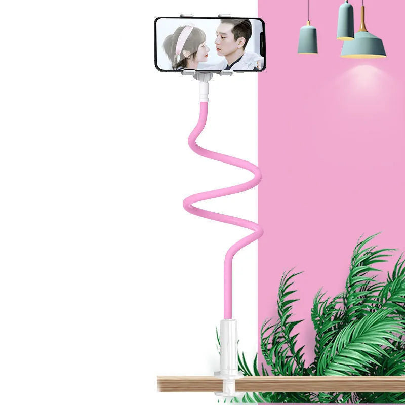 Bedside mobile phone holder with flexible memory alloy hose and clamp mount in blue colour