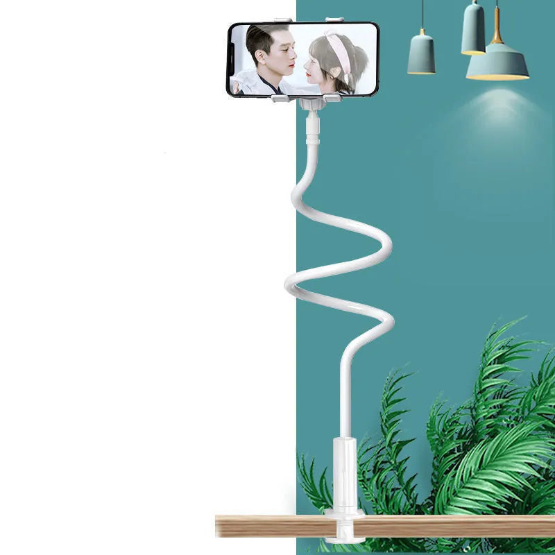 Bedside mobile phone holder with flexible memory alloy hose and clamp mount in blue colour