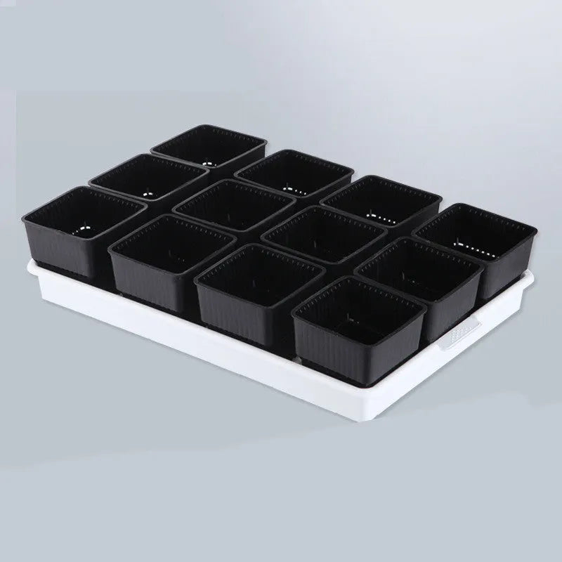 Meishi black and white resin succulent flower pots with tray in organised planting arrangement