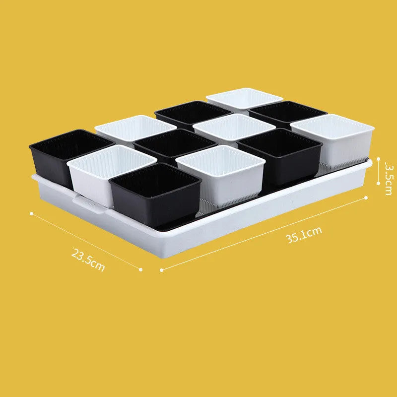 Meishi black and white resin succulent flower pots with tray in organised planting arrangement