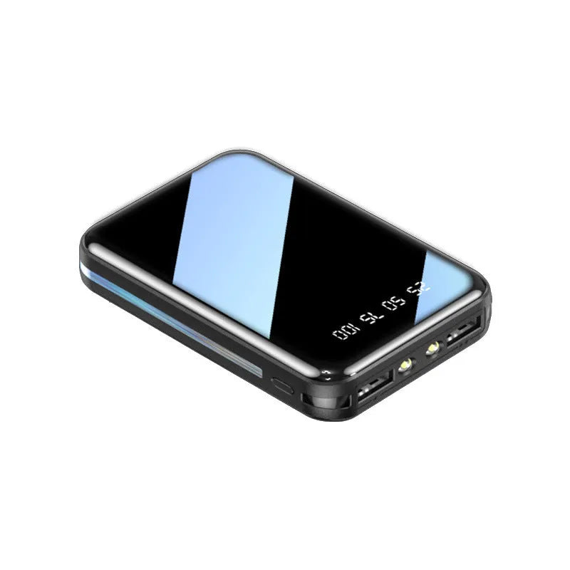 Digital display power bank showing battery percentage with dual USB ports in multiple colour options