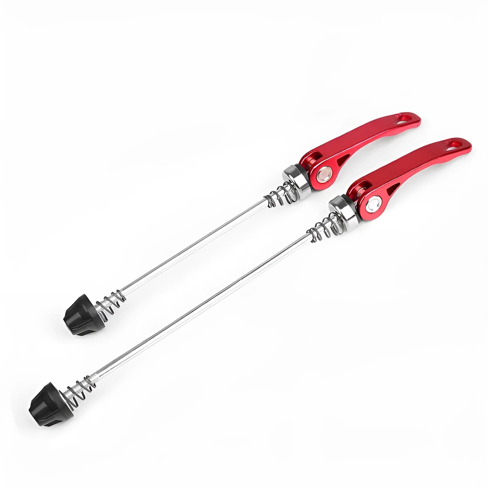 Bicycle quick release lever with galvanised iron rod and coloured aluminium handle on a bike hub.