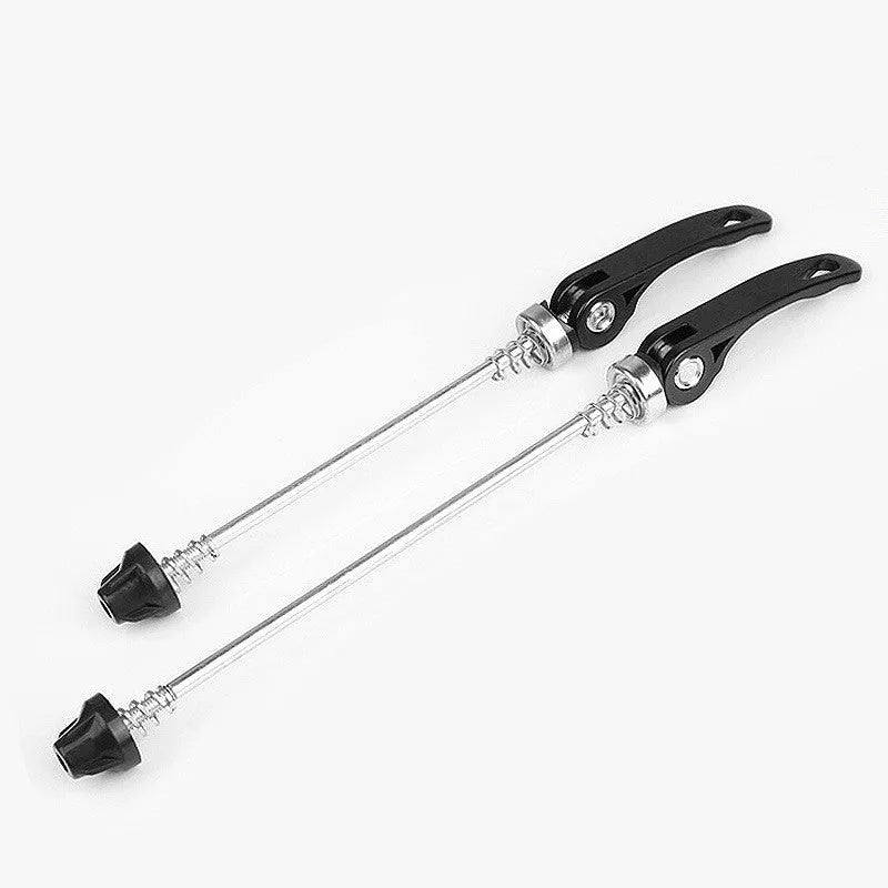 Bicycle quick release lever with galvanised iron rod and coloured aluminium handle on a bike hub.