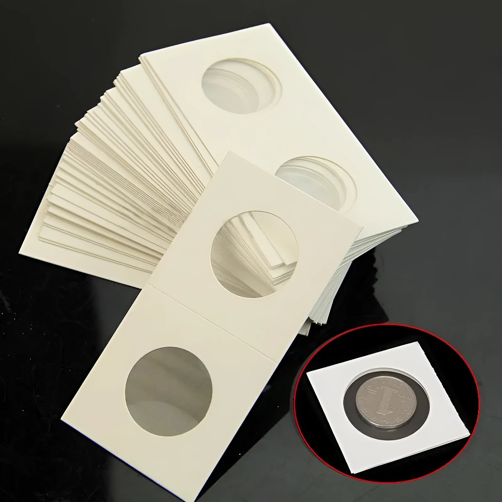 50 white paper coin protector clips in transparent OPP bag packaging for commemorative coin storage