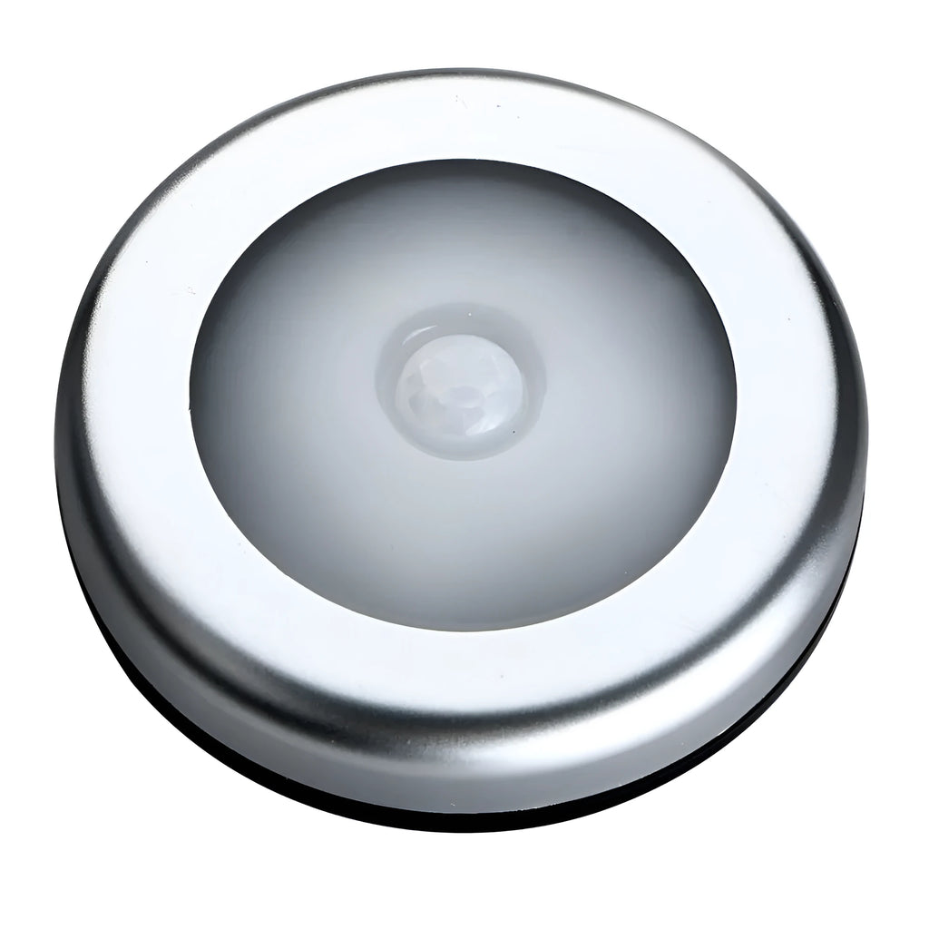 Silver wireless motion sensor night light with battery operation and white LED illumination