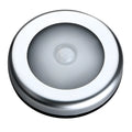 Silver wireless motion sensor night light with battery operation and white LED illumination
