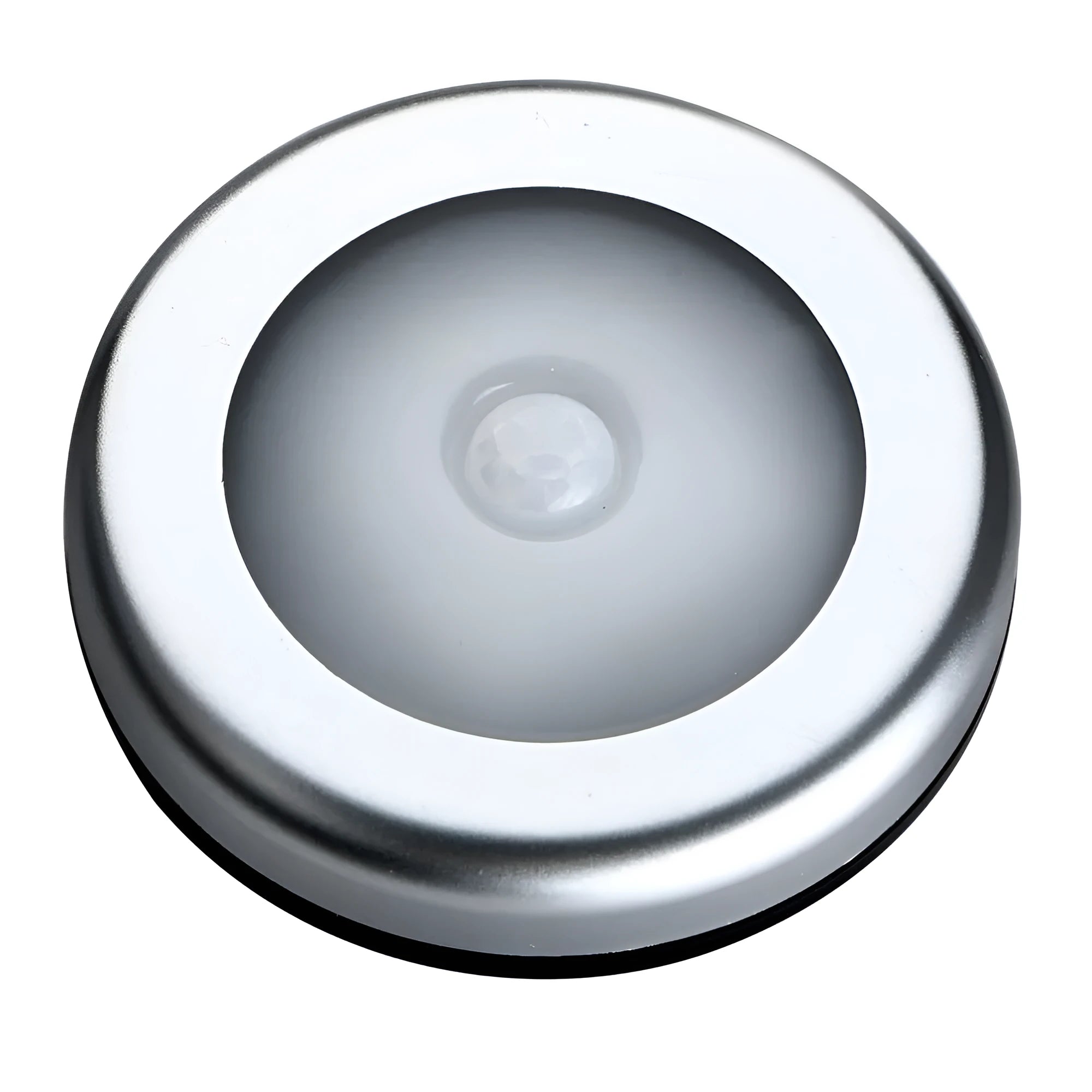 Silver wireless motion sensor night light with battery operation and white LED illumination