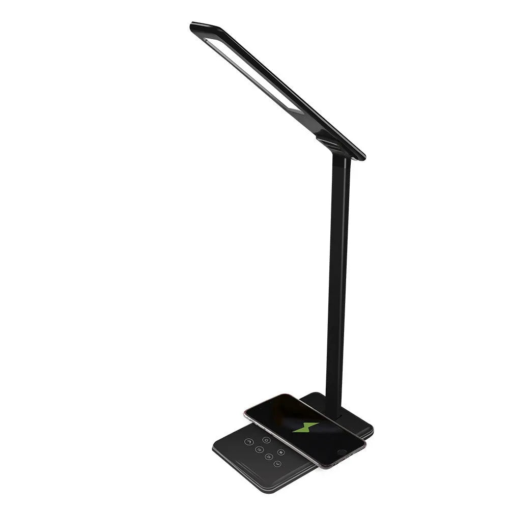 Black wireless charging desk lamp with aluminium shade and touch controls