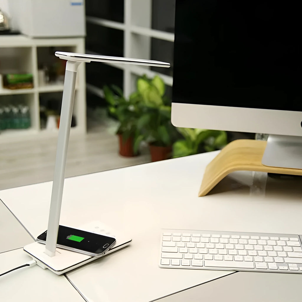Black wireless charging desk lamp with aluminium shade and touch controls