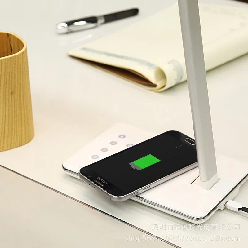 Black wireless charging desk lamp with aluminium shade and touch controls