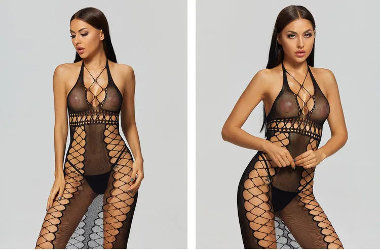 Black nylon mesh bodystocking with crotch tights, one size, transparent bodysuit for women