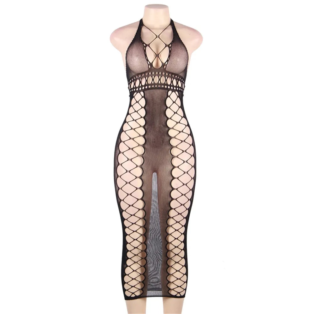 Black nylon mesh bodystocking with crotch tights, one size, transparent bodysuit for women