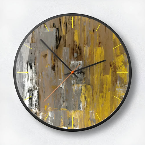 Round abstract art wall clock with metal frame in a mysterious black design, showing thin profile.