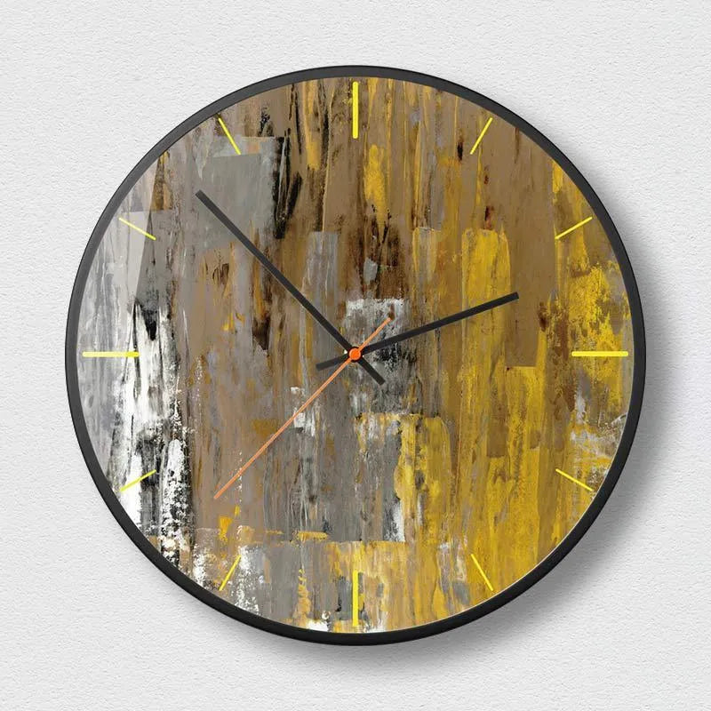 Round abstract art wall clock with metal frame in a mysterious black design, showing thin profile.