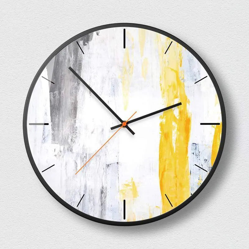 Round abstract art wall clock with metal frame in a mysterious black design, showing thin profile.