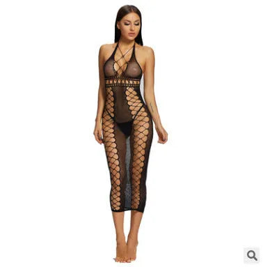 Black nylon mesh bodystocking with crotch tights, one size, transparent bodysuit for women