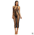 Black nylon mesh bodystocking with crotch tights, one size, transparent bodysuit for women