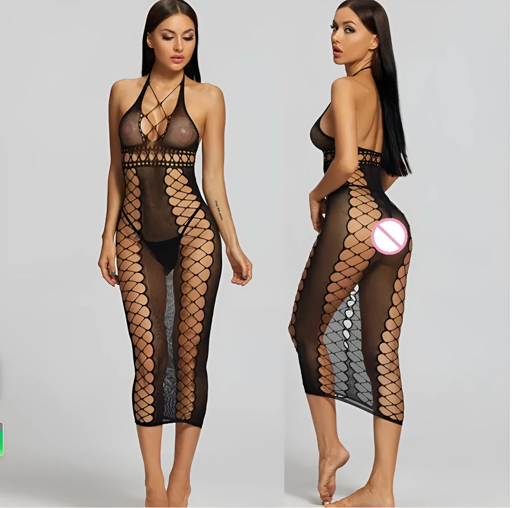 Black nylon mesh bodystocking with crotch tights, one size, transparent bodysuit for women